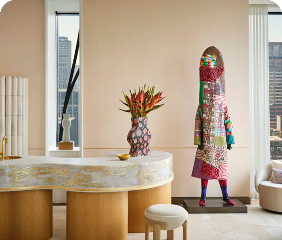 Interior with sculptural counter and art installation