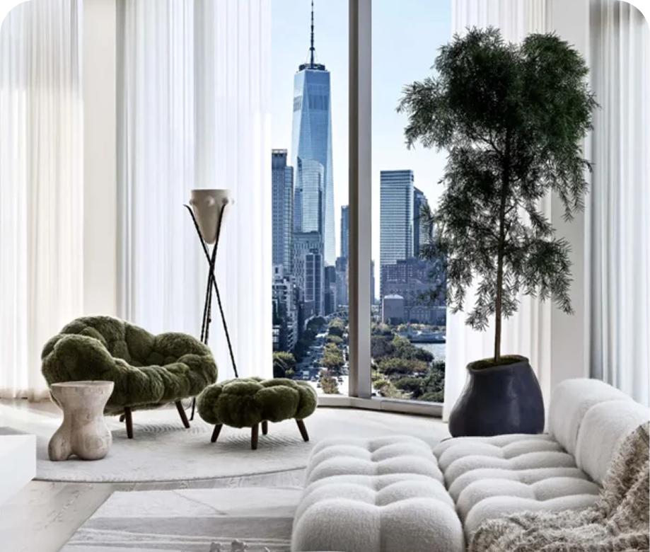 West Village pied-à-terre living room with city views